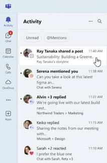 Screencap of the Teams storyline Activity feed menu