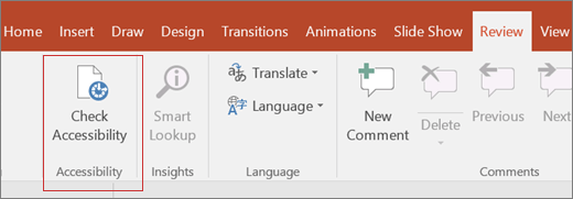 Screen clip of Word user interface showing Review > Check Accessibility with a red box around it.