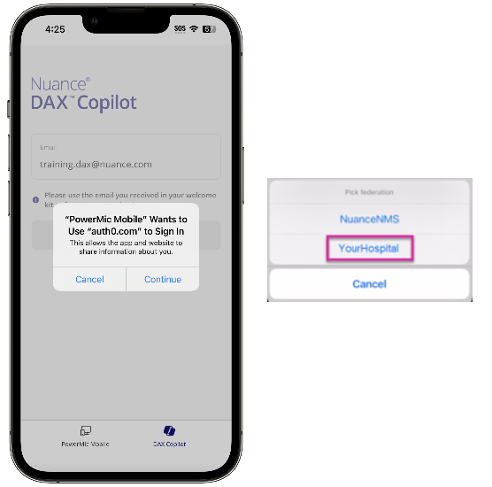 On left, PowerMic Mobile authenticator screen. On right, pick federation screen with "YourHospital" highlighted