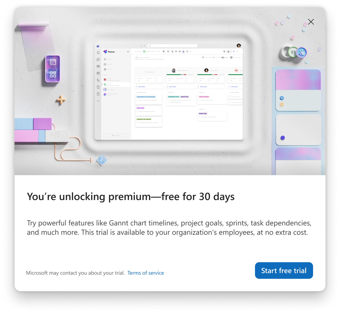 Screenshot of a dialog announcing a free 30‑day premium trial, with a Planner-style project board preview and a “Start free trial” button.