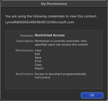 Screenshot of the My Permissions dialog showing the user's IRM rights.