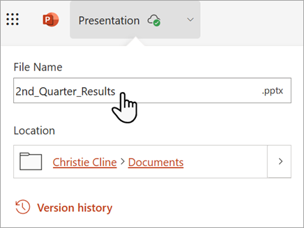 Screenshot showing a new name for a presentation in the Fine Name text box.