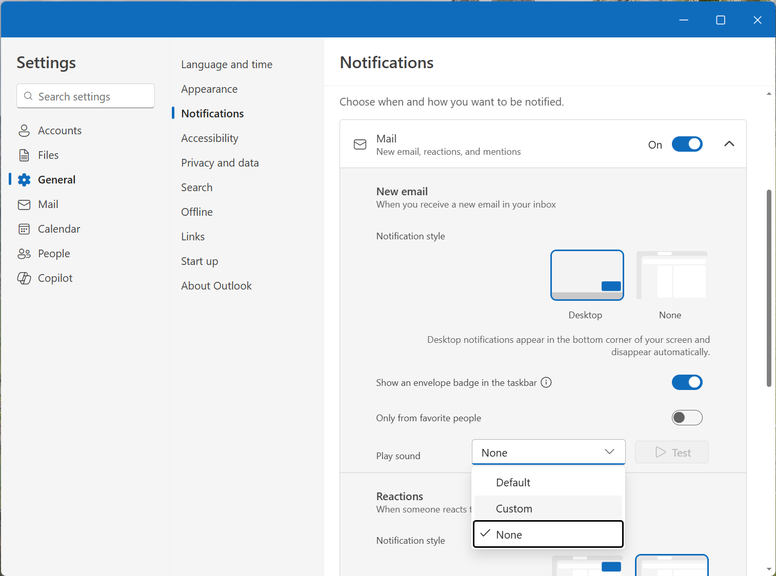 Select notification sound under Mail and Calendar notifications settings.