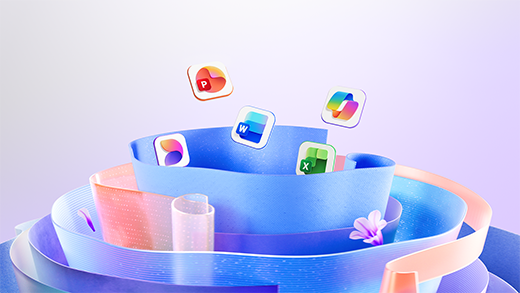 Abstract illustration featuring the icons for Microsoft 365 Copilot, Excel, PowerPoint, and Word.