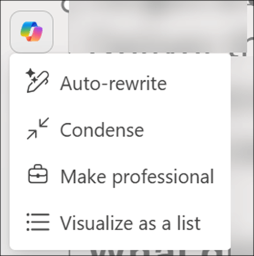 A textbox selected in PowerPoint reveals the Copilot button. Selecting it shows the context menu for with Auto-rewrite, Condense, Make professional, and Visualize as a list as options.