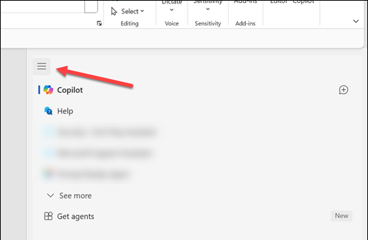 The button at the top left of the Copilot pane to access Agents and chat history.