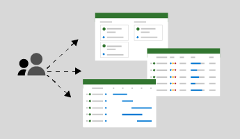 Small image showing arrows between people icon and screenshots of grid, board, and timeline view in Project for the web
