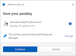Dialog box offering the user to save their passkey