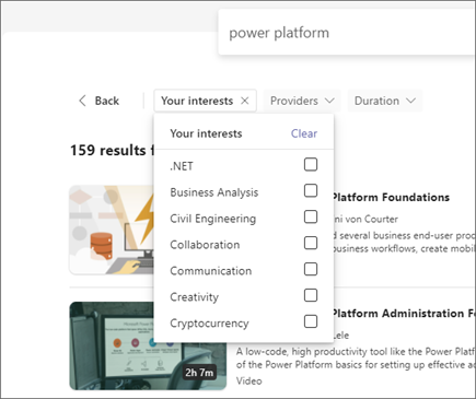 Screenshot of Viva Learning highlighting the "Your Interests" filter for content under the search bar.