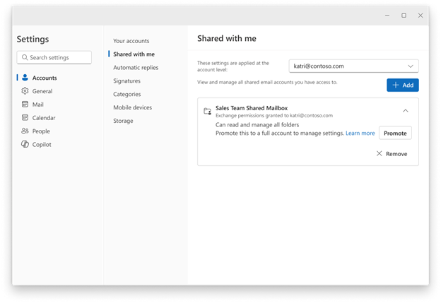 Shared mailbox page with expanded card showing promote button