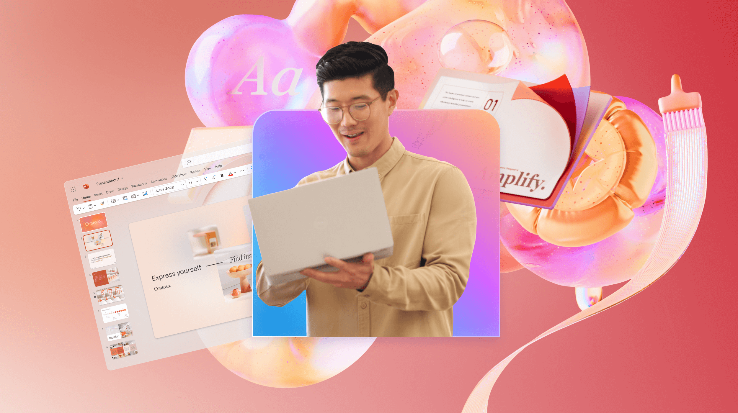 Man looking at laptop and surrounded by colorful images