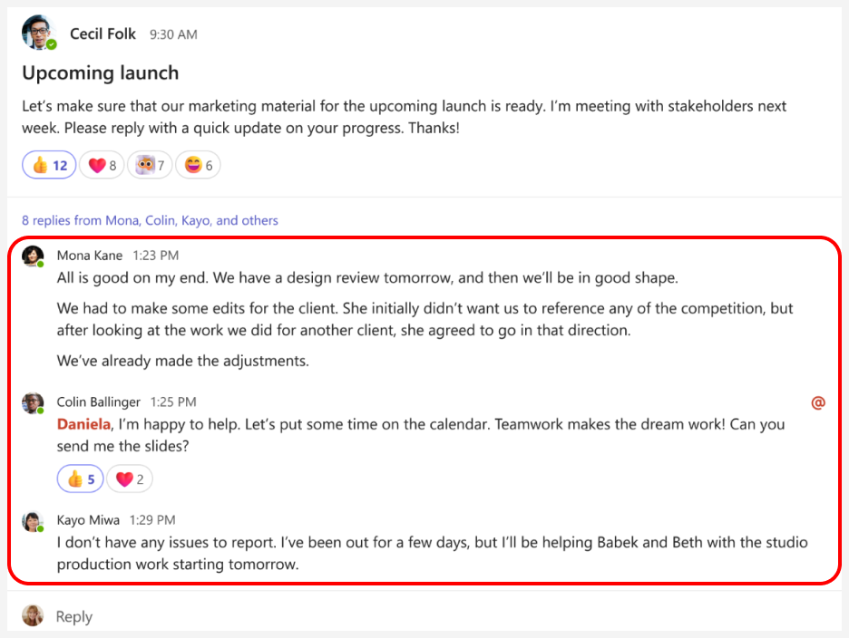 A red box highlights the three most recent replies to a post.