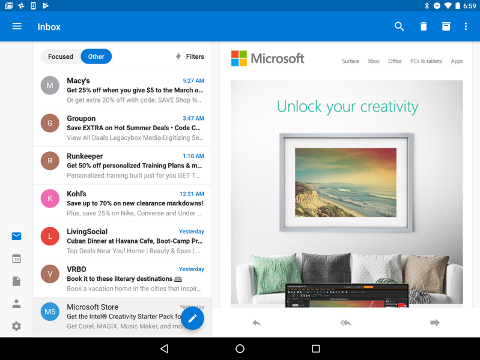 Shows the navigation options in the bottom left corner of an Outlook inbox.