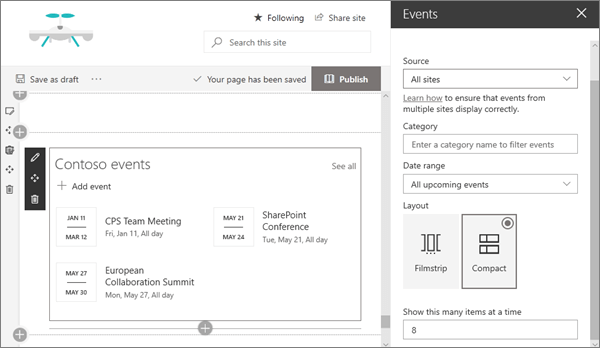 Sample Events web part input for modern Communications site in SharePoint Online