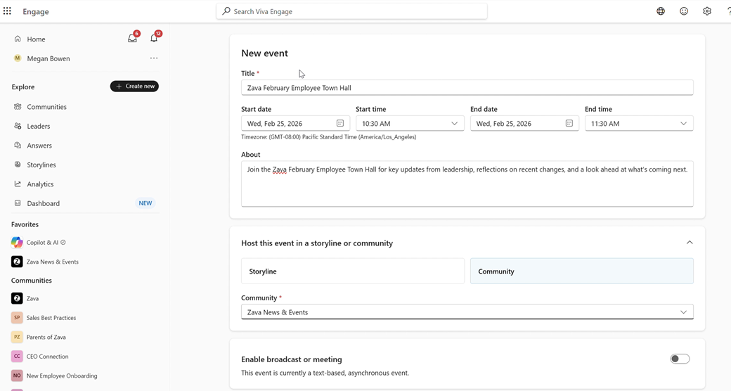 Screenshot showing how to set the time and place for the new event.