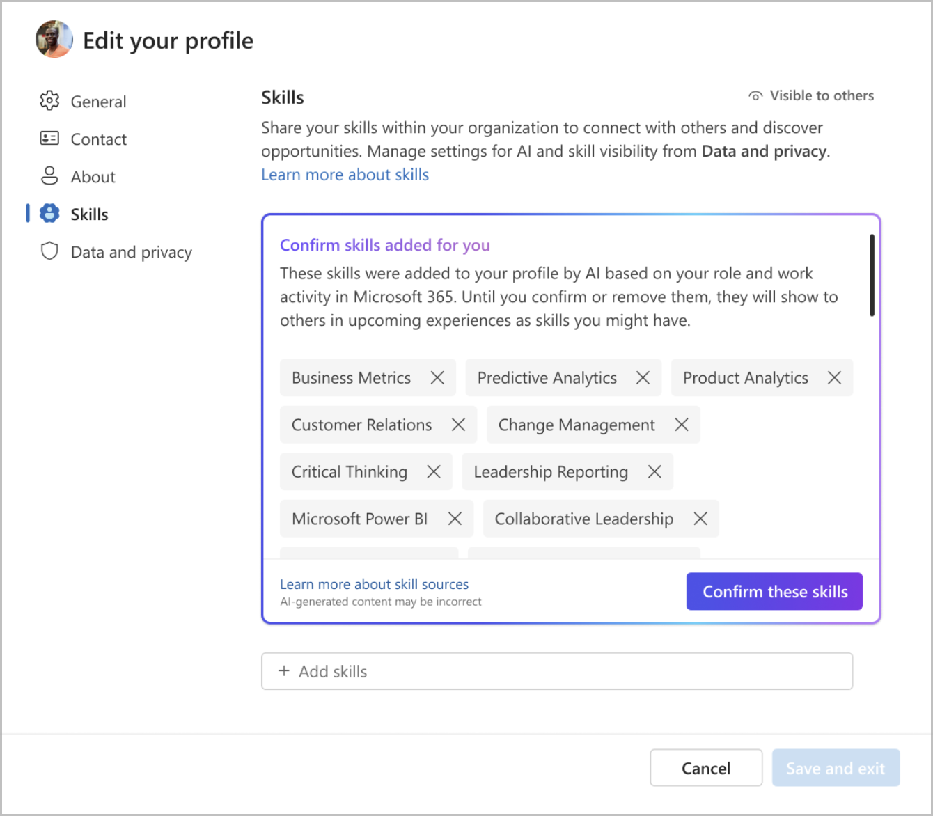 A screenshot of the skills profile editor, which is pre-populated with various skills that were either generated by AI or imported by your organization's admin.
