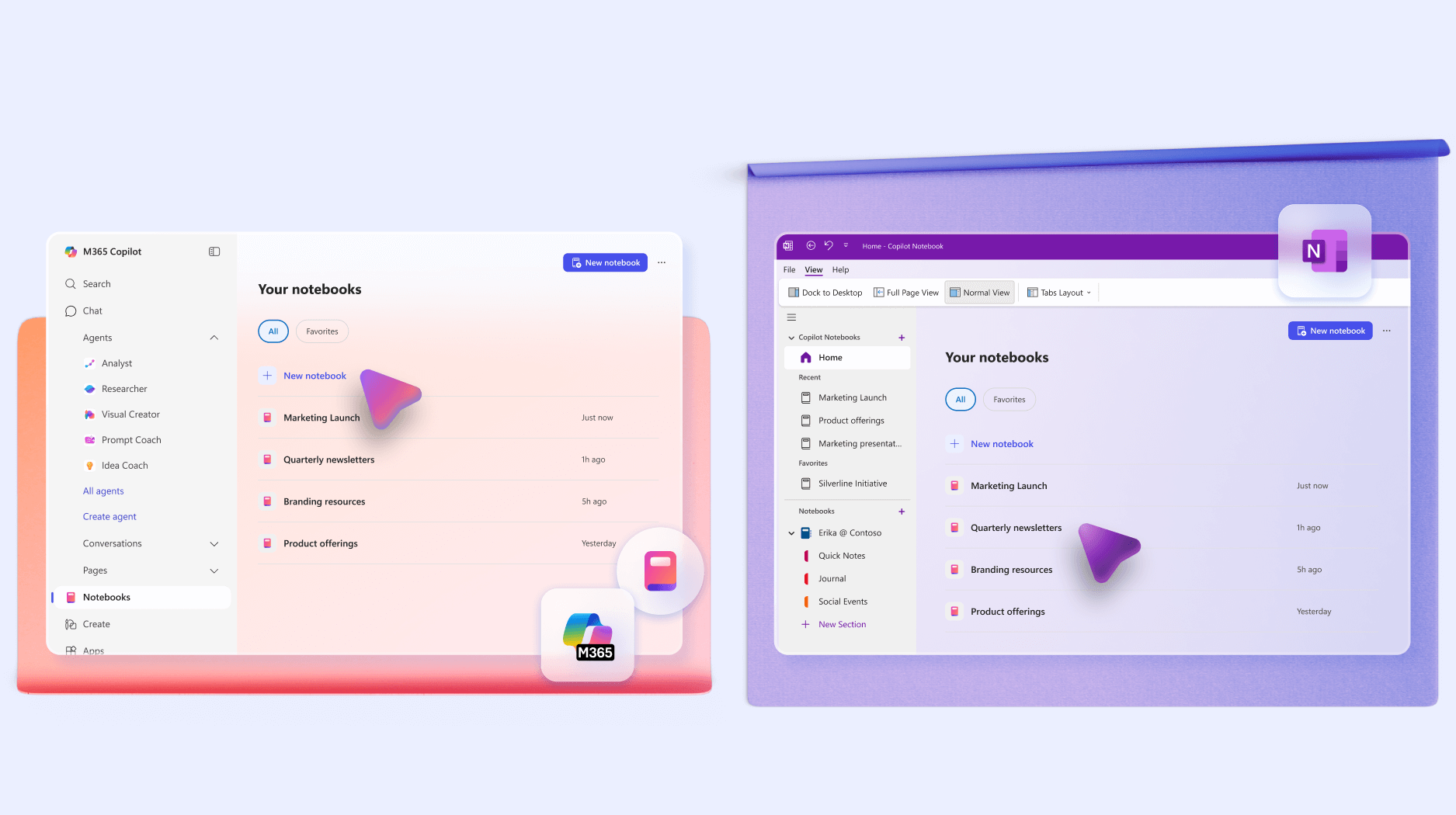 Side-by-side images of Microsoft 365 Copilot Notebooks and Microsoft OneNote notebooks