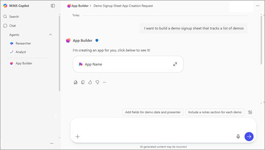 The App Builder, in the right pane of M365, has a chat pane where someone has typed "I want to build a demo signup sheet that tracks a list of demos."