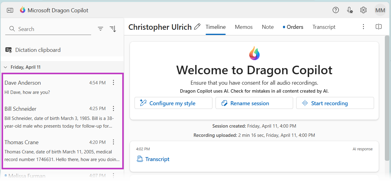 Top of the Dragon Copilot screen with session list highlighted