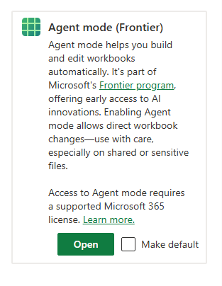 The dialog box explaining Agent mode and allowing the user to make it the default mode.