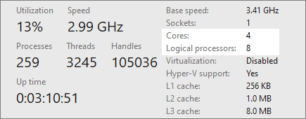 Cores and logical processors display