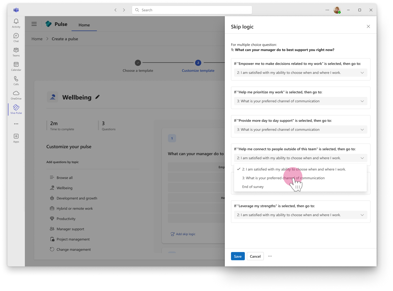 Screenshot of skip logic being added to a Pulse question