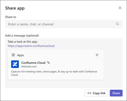 Screenshot showing app sharing window with a field for sharing to a person, group, or channel, and the option to copy the app link.