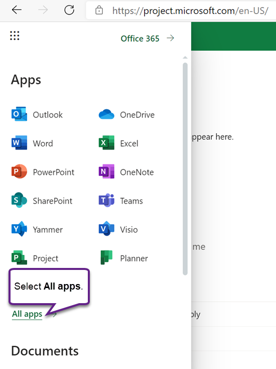 The menu of Office Apps