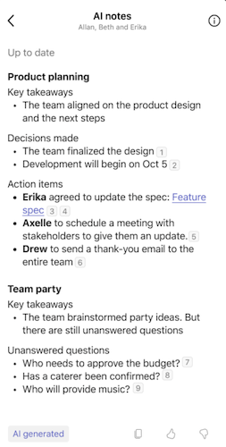 Viewing the AI-generated notes in a Microsoft Teams chat on a mobile device.