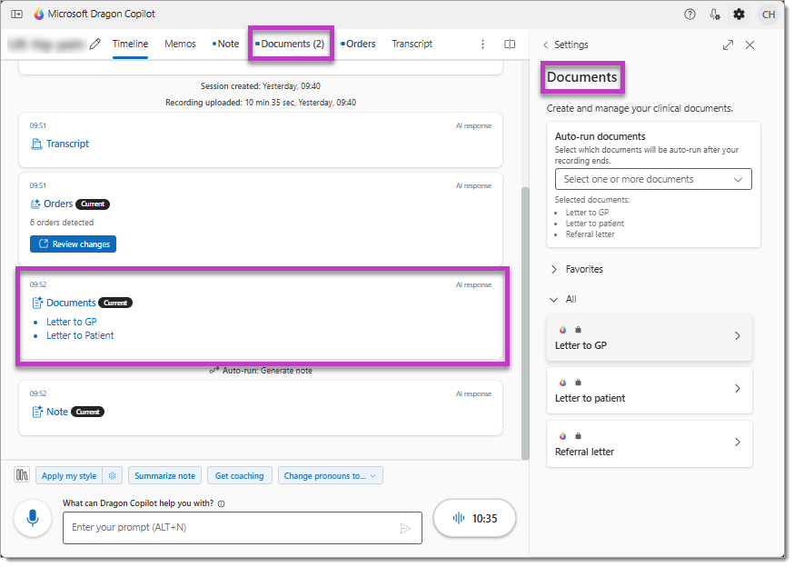 Image highlighting the Documents tab, Documents notification card, and Documents settings in Dragon Copilot.