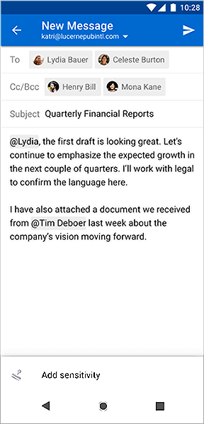 Screenshot of Add sensitivity button in Outlook for Android