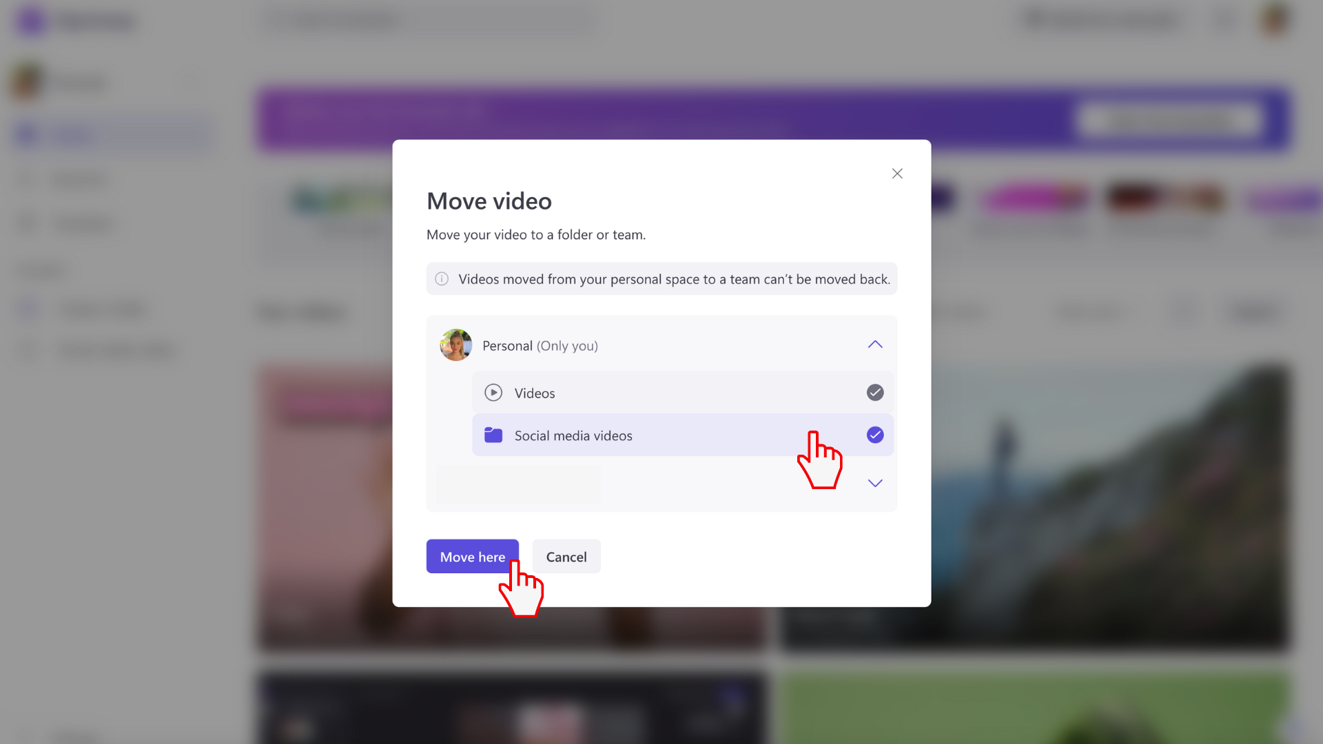 An image of Clipchamp folder selection settings