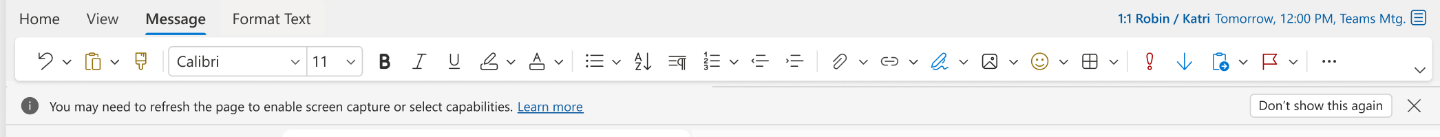 Infobar for Outlook for Web when Screen capture is capability is not present