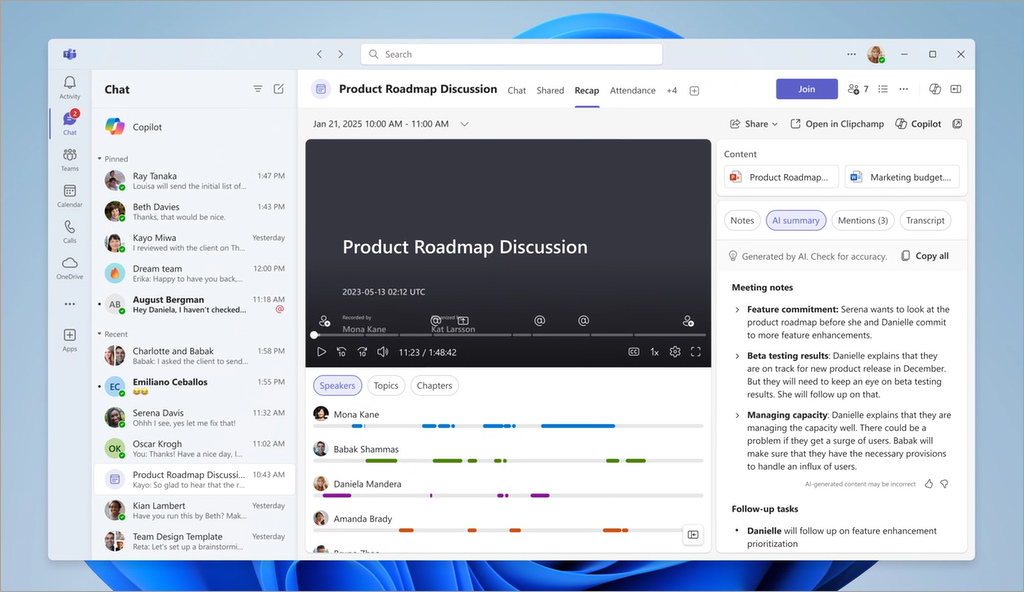 View of the Recap tab in Teams