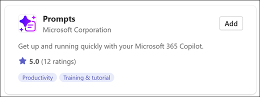A card showing the Prompts app from Microsoft with a button that says "Add".