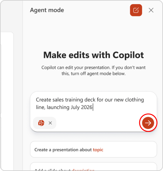 prompt entered to Agent Mode with submit arrow highlighted