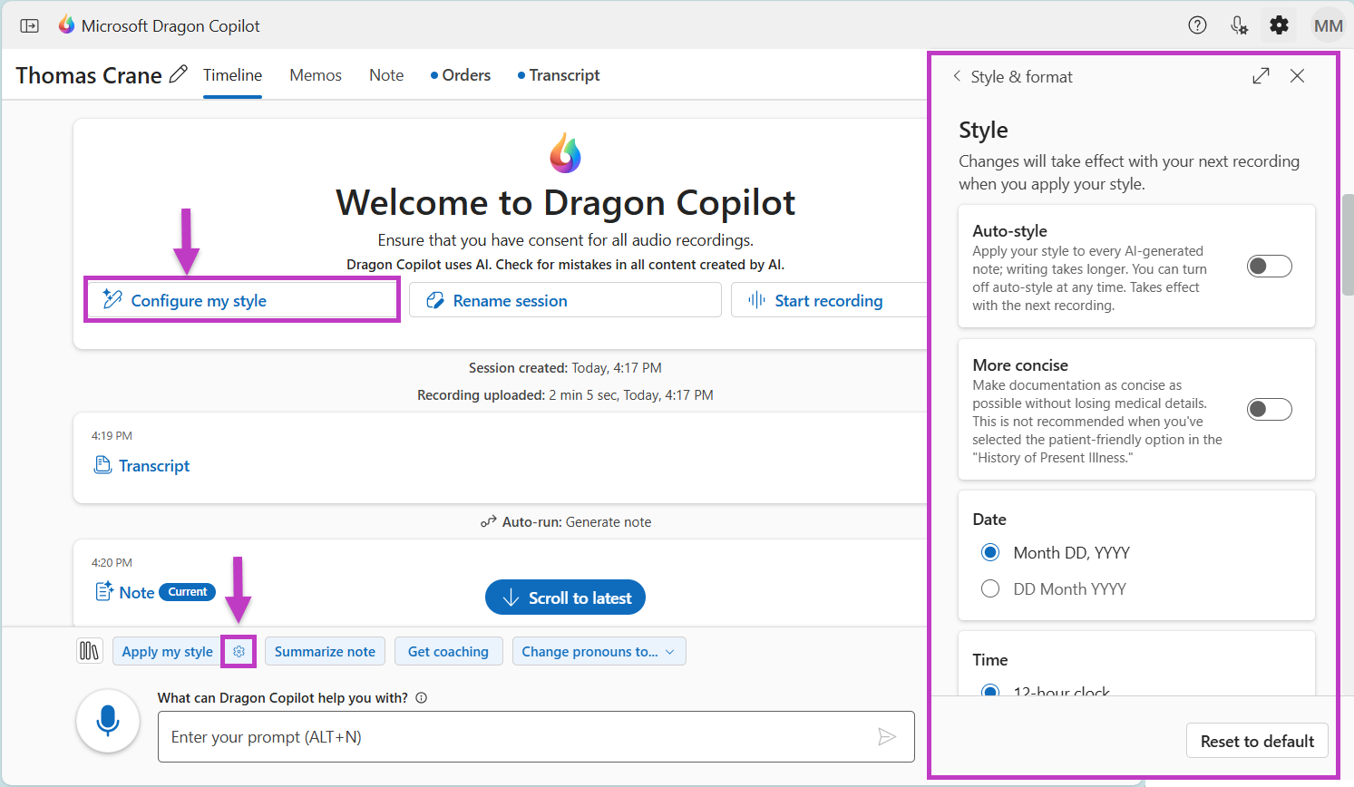 Configure my style, gear icon and Style & format panel highlighted