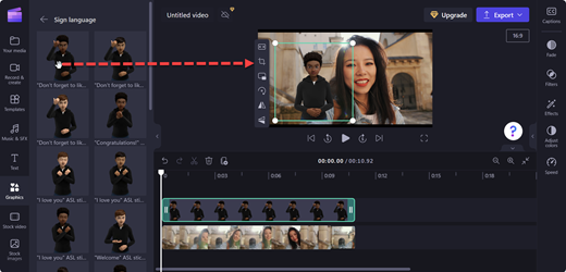 A screenshot of Clipchamp's editor page with a drag-and-drop action from the selected avatar to the place on stage where you want it to place.