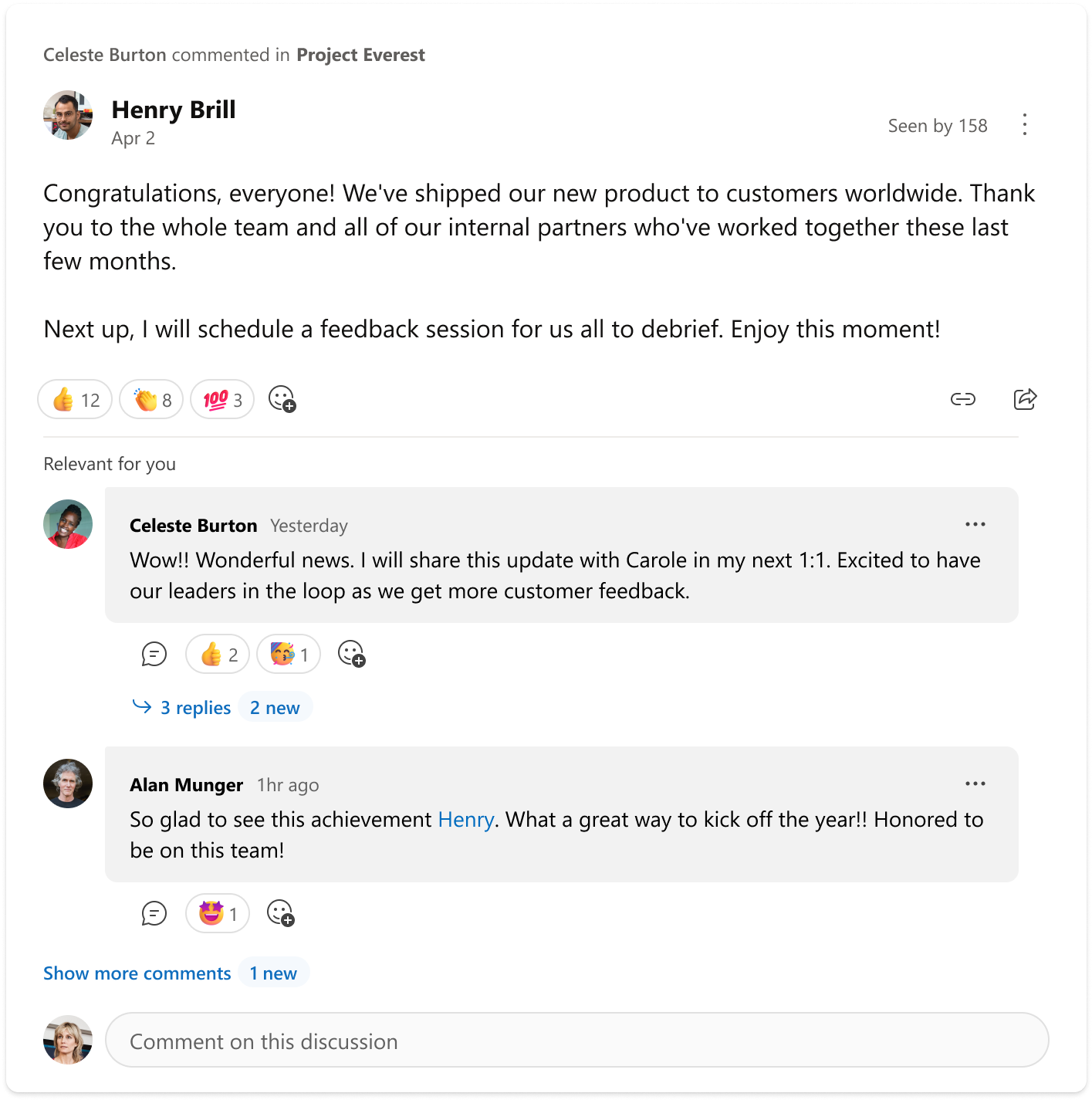 A conversation showing the relevant for you view of two comments in the Engage conversation card.