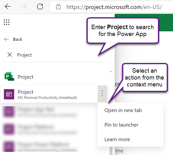 Project Power App in search results on App launcher