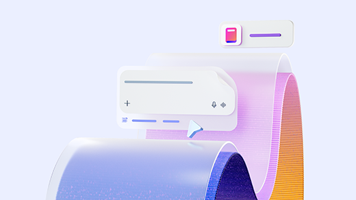 3D illustration of floating UI chat box elements including a search bar with icons, suggesting interaction or navigation.