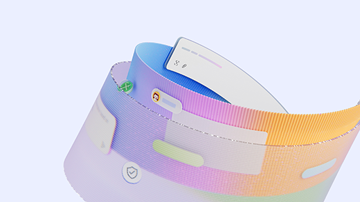 3D-rendered digital illustration of multiple overlapping translucent panels that contain simplified UI elements such as icons, buttons, and text fields.