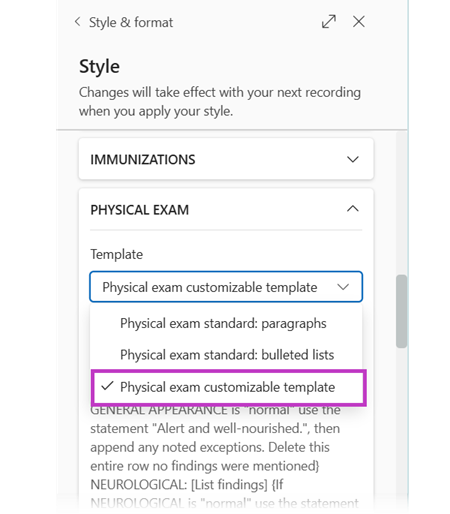 Physical exam section with physical exam customizable template option highlighted.