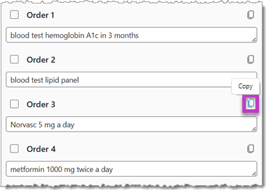 A list of suggested orders in the Order tab in Dragon Copilot.
